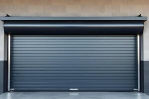 A closed, dark gray industrial roller shutter door, showing horizontal lines, security, and a robust design for commercial or warehouse use. photo