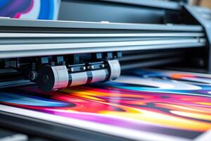A closeup of a printing press, showcasing the intricate machinery and the process of creating printed materials showcasing the artistry of modern manufacturing and design photo