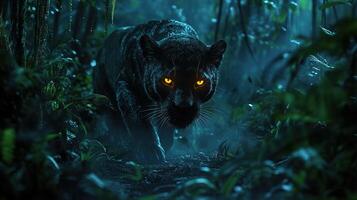 Black panther prowling through dense jungle at night. photo