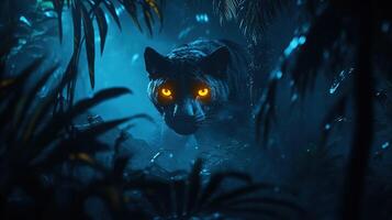 Black leopard prowling in the jungle at night with intense glowing eyes. photo