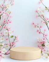 Wooden podium with spring blossoms photo