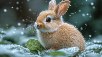A small rabbit sitting on a leaf in the snow photo