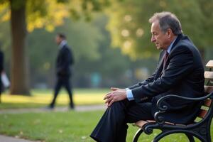 A man in a suit and tie sitting on a bench photo