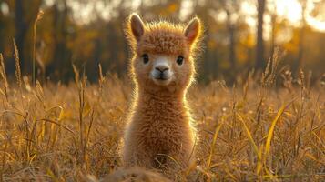 A baby alpaca is standing in a field photo