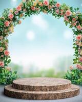 Floral arch with natural stone podium photo