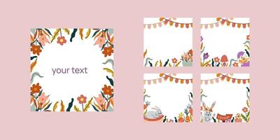Happy easter floral frame set. Square festive background cards. Spring boho style for social media post. Flowers, egg, bunny and flags garland. flat illustration. vector
