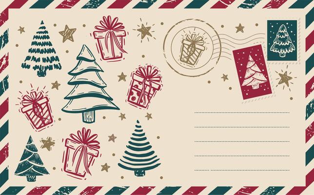 Christmas postcard, with tree, hand drawn illustration.