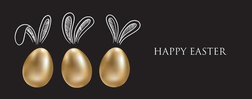 Gold eggs set with rabbits's ears. Happy Easter. Hand drawn illustration. vector