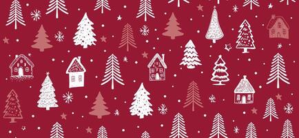 Christmas House, tree, pattern on red background, Hand drawn illustrations vector