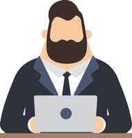 A man with a beard sitting at a desk with a laptop vector