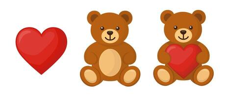 Red Heart and Cute Teddy Bears, One Holding a Heart vector