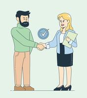 Female office worker shaking hands with a leader. Both characters are smiling confidently, representing successful teamwork, and positive workplace relationships. Ideal for concepts of collaboration. vector