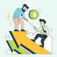 illustration of a supportive leader helping an office worker climb up, standing on a rising financial graph with an upward arrow. Represents business growth, financial success, and leadership support. vector