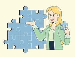 Confident female assistant presenting a creative idea represented by a puzzle. She is holding the final puzzle piece with optimism, symbolizing innovation, problem solving, and brainstorming concepts. vector