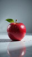 photo of fresh red apple. apple placed on white surface. There are glistening droplets of water on apple and background. lighting dramatic.