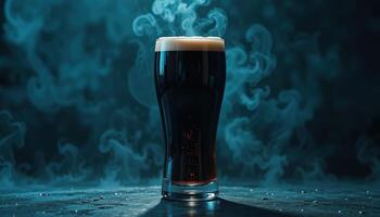 striking, moody photo of premium dark beer in glass against a saturated dark turquoise background. Rich textures and dramatic lighting highlight the beer depth, quality, luxury beverage branding