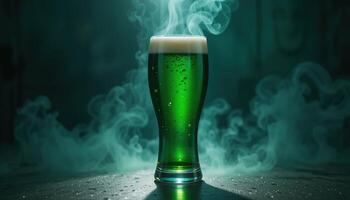 striking, moody photo of premium green beer in glass against a saturated dark turquoise background. Rich textures and dramatic lighting highlight beer depth, quality, luxury beverage branding