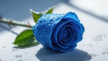 A photo of a fresh blue rose. The rose is placed on a white surface. There are glistening droplets of water on the rose and the background. The lighting is dramatic.