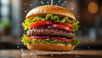 depicts delicious burger, ingredients seemingly floating in mid-air. ncludes toasted bun, fresh lettuce, sliced tomatoes, grilled beef patty, red onion rings, some water droplets adding fresh, dynamic photo