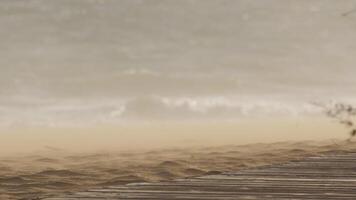 Windswept sand blowing across wooden boardwalk, creating hazy, moody atmosphere during overcast coastal scene with soft, grainy light and peaceful landscape video