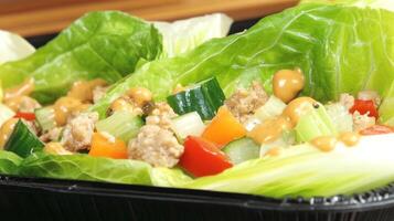 Fresh lettuce wraps filled with vegetables and a drizzle of sauce. photo