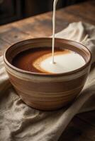 A bowl of dark liquid with cream being poured into it, creating a swirl effect. photo