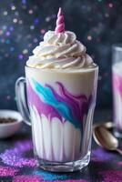 A colorful milkshake topped with whipped cream and a decorative swirl. photo