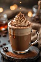 A delicious cup of coffee topped with whipped cream and cocoa, set against a cozy backdrop. photo