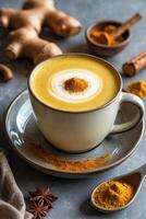 A creamy turmeric latte garnished with spices and ginger, served in a cozy setting. photo