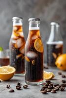 Refreshing beverage with ice and lemon in glass bottles, surrounded by coffee beans. photo