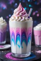 A colorful milkshake topped with whipped cream and a straw, set against a cosmic backdrop. photo