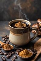 A steaming mug of coffee topped with spices, surrounded by coffee beans and additional spices. photo