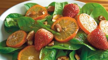 A fresh salad featuring spinach, strawberries, and citrus slices, garnished with almonds. photo