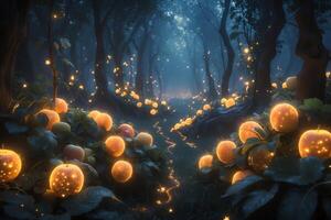 Enchanted Forest Path with Glowing Apples and Mystical Light photo