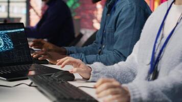 Call center worker using artificial intelligence customer service management software. Customer service agent using AI technology to log customer interactions in CSM system, camera A video