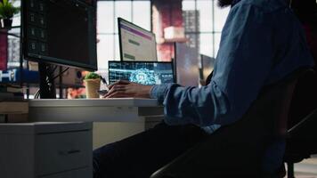 Customer center expert uses AI assistant to generate technical solutions for clients. Call center agent uses artificial intelligence LLM chatbot to provide step by step guidance to customers, camera B video