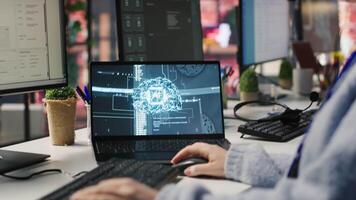 Call center agent uses artificial intelligence to enhance customer interactions and resolve inquiries efficiently. Woman in customer service office using AI communication technologies, camera A video