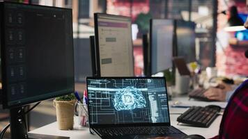 Call center employee using AI chatbot at office desk to reply to common customer queries, close up. Customer service staff member at work generates automated responses to clients using AI, camera A video