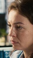Vertical Close up of sad company manager checking revenue KPIs, stressed by low numbers. Portrait of tired management executive feeling dejected while reviewing project tasks data, camera A video
