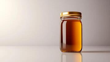 Glass jar with golden lid filled with honey on white surface with neutral background photo