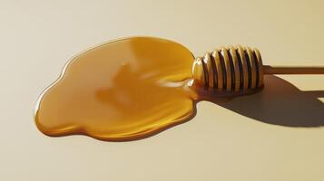 Golden honey dripping from a wooden dipper on a smooth surface photo