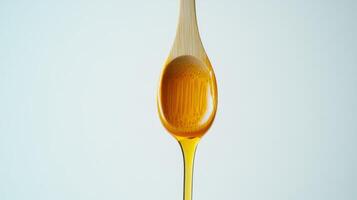 Golden honey dripping from spoon against light background photo