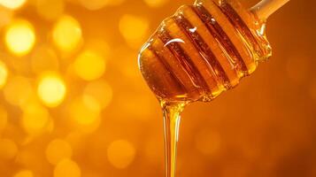 Golden honey dripping from wooden dipper with bokeh background photo