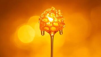 Golden honeycomb dripping with fresh honey against warm glowing background photo