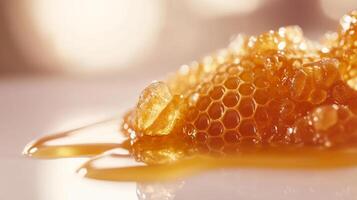 Golden honeycomb with dripping honey close-up shot photo