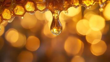 Golden honeycomb with dripping honey and bokeh background photo
