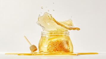 Honey splash from jar with honeycomb and dipper photo
