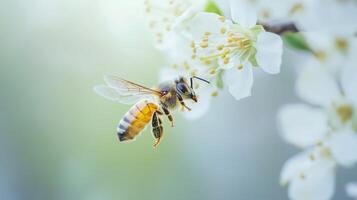 Honeybee pollinating cherry blossoms in springtime garden photo
