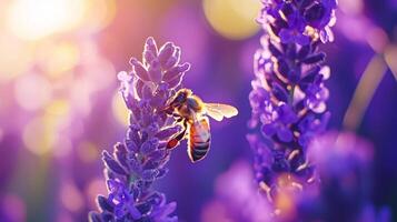Honeybee pollinating lavender at sunset with vibrant purple blossoms photo