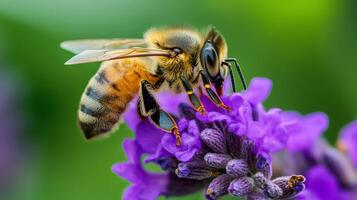 Honeybee pollinating vibrant purple flower in lush green garden environment photo